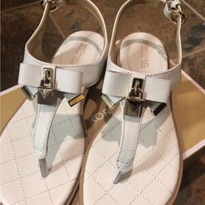Michael Kors White Quilted Leather T-Strap Sandals with Gold Accents